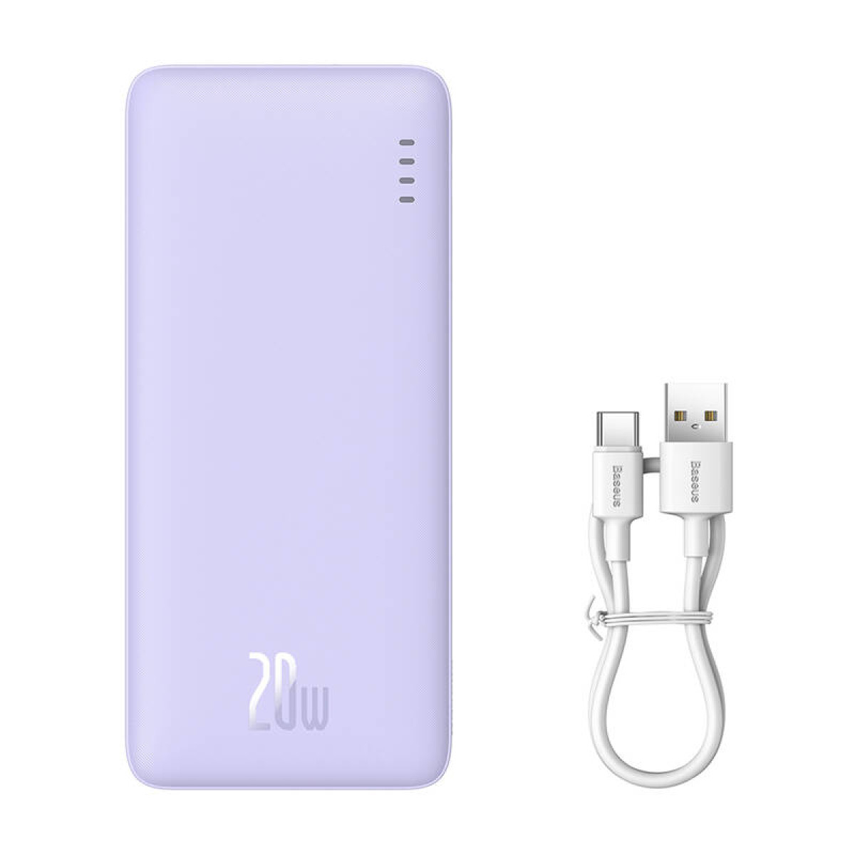 Jasnofioletowy power bank z kablem ładującym. Na power banku jest napis 20W.