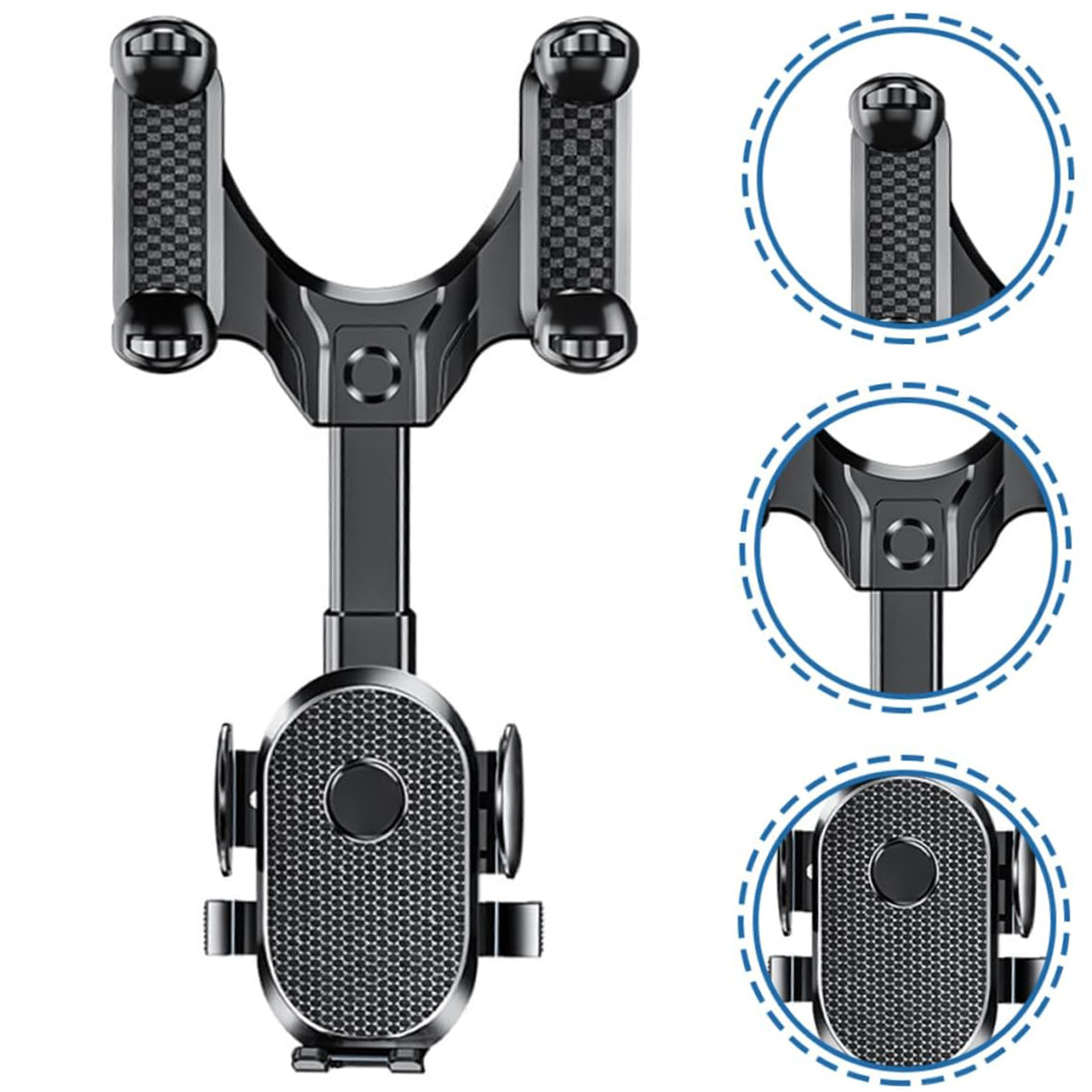 Schwarzer Autotelefonhalter mit einzigartigem Design, am Rückspiegel befestigt. Detaillierte Nahaufnahmen.