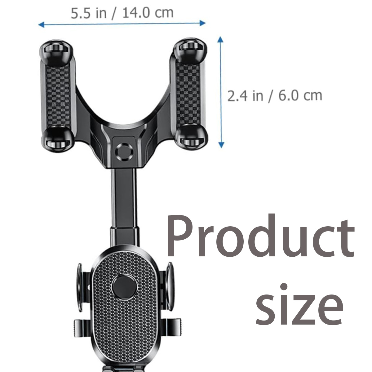 Schwarzer Telefonhalter mit Abmessungen von 5,5 Zoll / 14,0 cm und 2,4 Zoll / 6,0 cm. Text sagt Produktgröße.