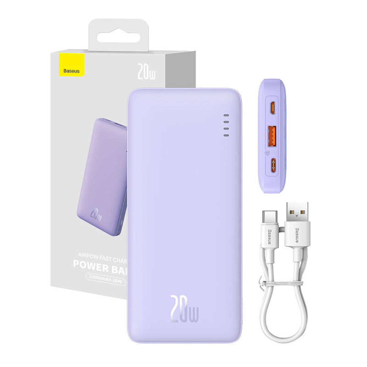 Verpacktes Powerbank-Set mit lila Powerbank, Kabel und Ladegerät. Enthält 20W und Baseus-Branding.