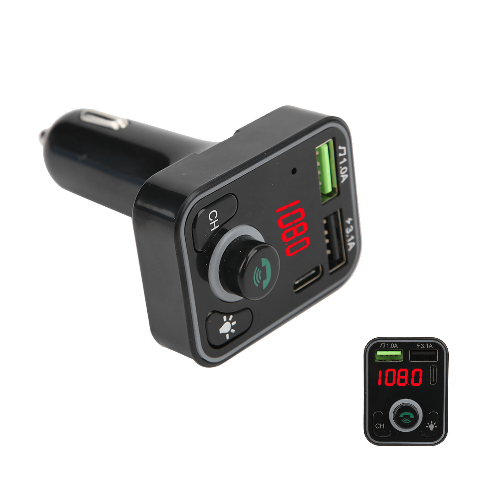 Ein schwarzer Auto-FM-Transmitter mit einem Bildschirm, der '108.0' anzeigt, und USB-Anschlüssen. Ein kleineres Display ist ebenfalls vorhanden.