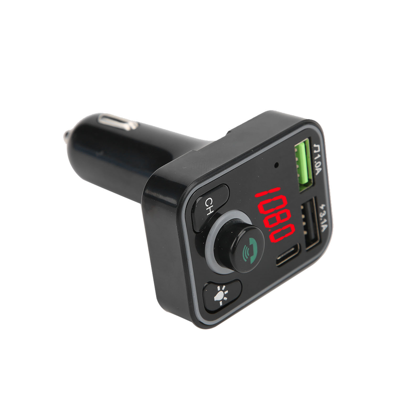 Schwarzes Autoladegerät mit Digitalanzeige 108.0. Hat USB-Anschlüsse und Bedientasten auf weißem Hintergrund.