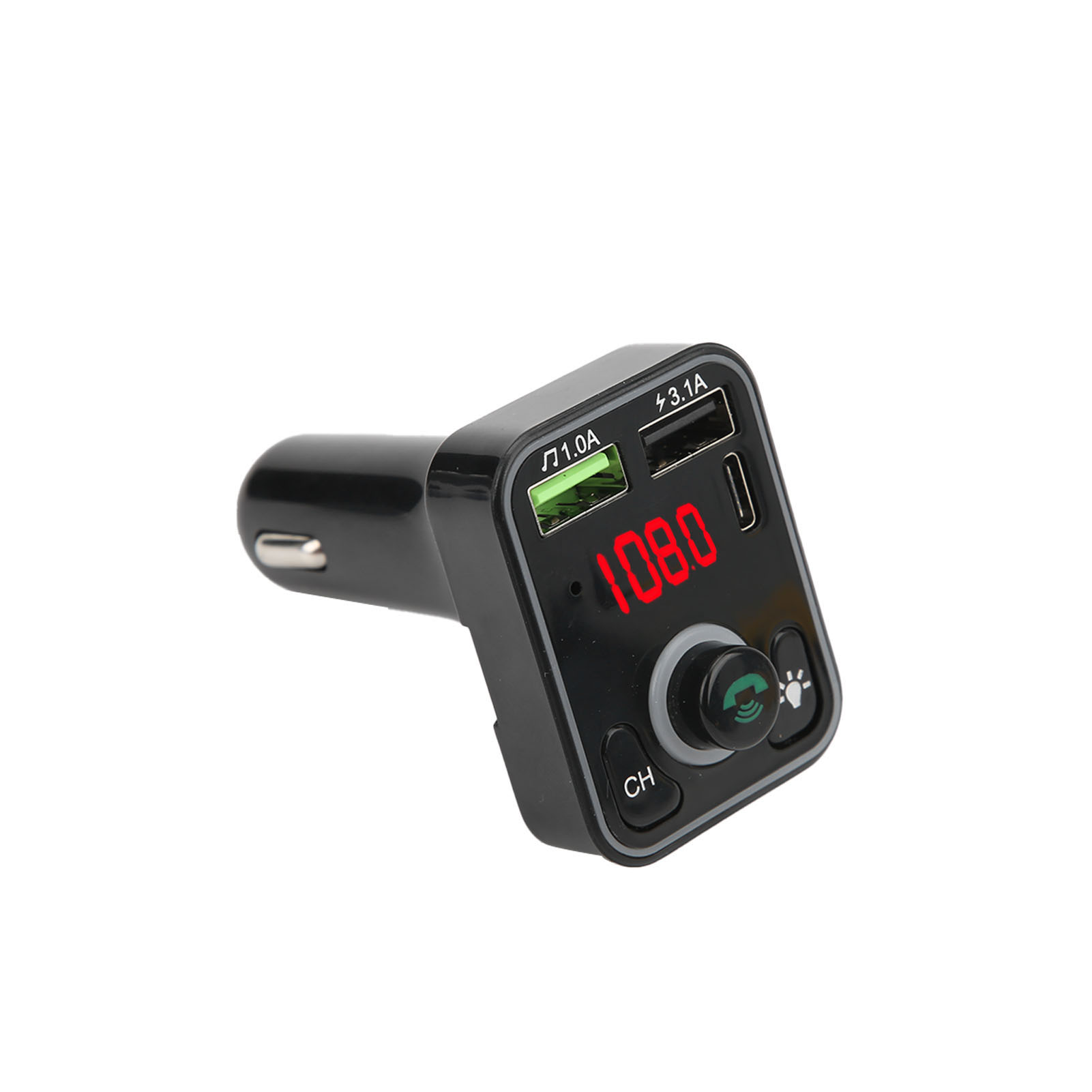 Schwarzes Autoladegerät mit Digitalanzeige 108.0, USB-Anschlüssen und Steuertasten, isoliert auf weißem Hintergrund.