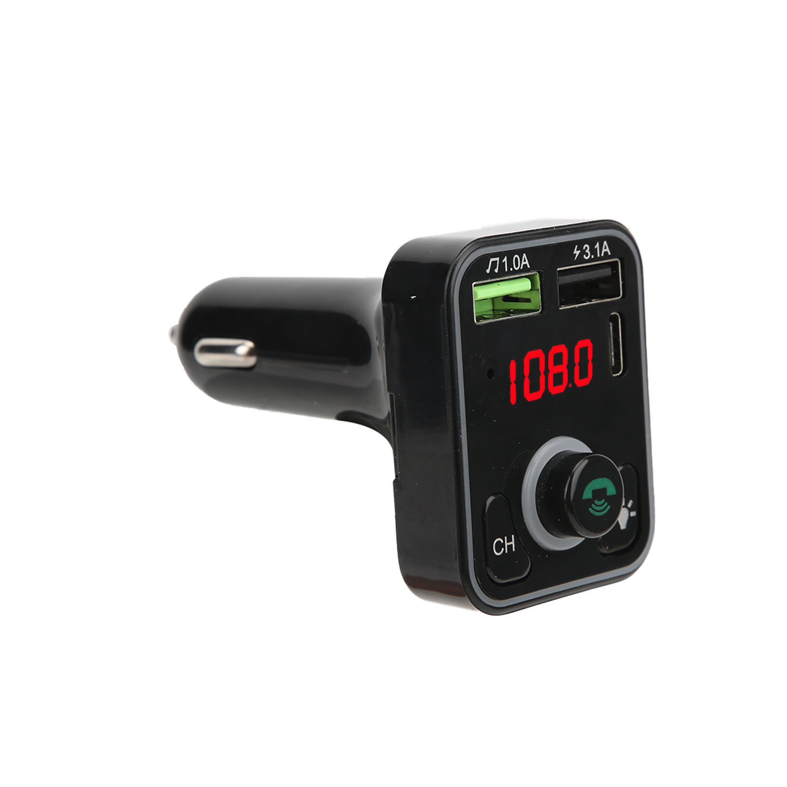 Schwarzes Autoladegerät mit Digitalanzeige 108.0, USB-Anschlüssen und Steuertasten, isoliert auf weißem Hintergrund.