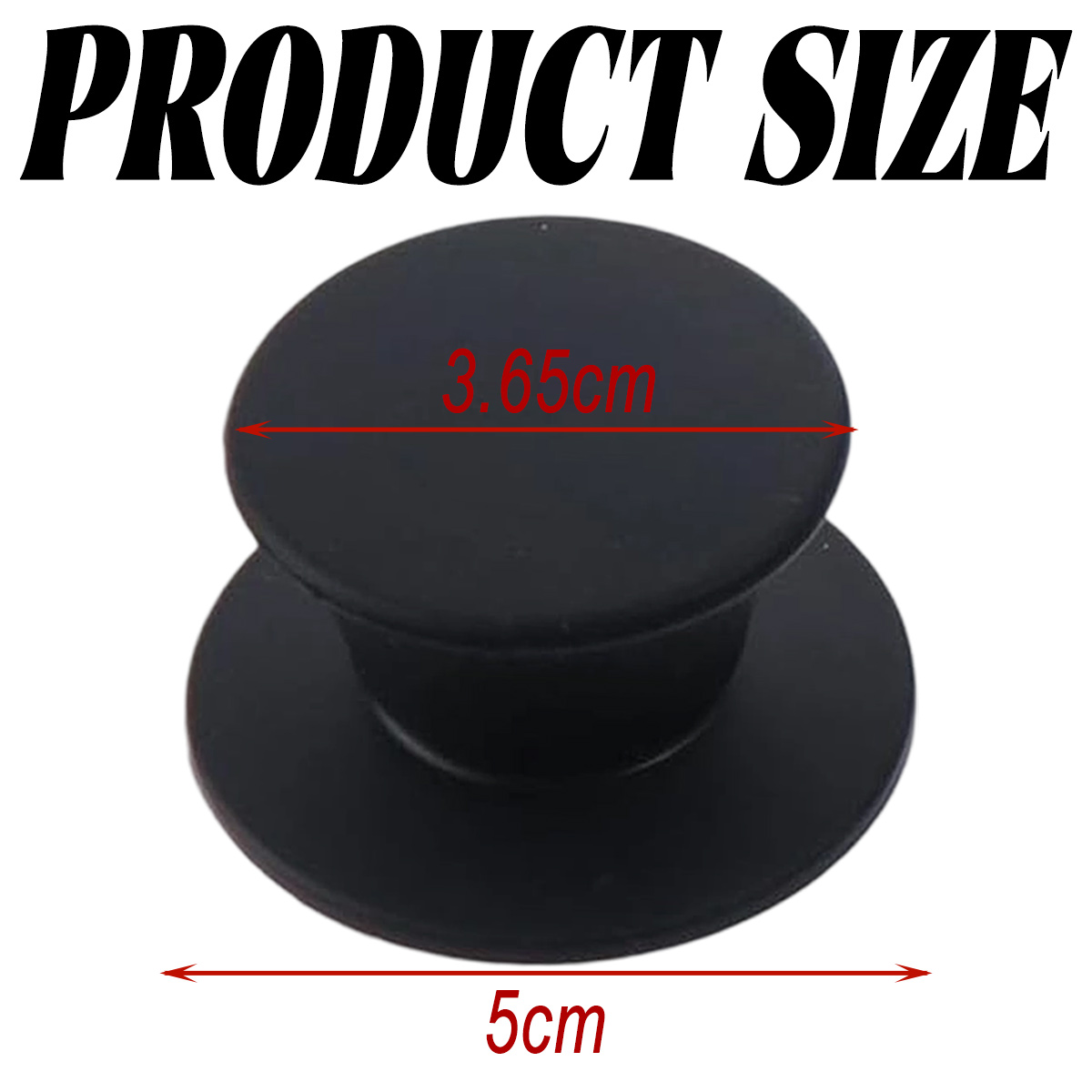 Produktgröße mit Maßen: 3,65 cm Durchmesser oberer Kreis, 5 cm Durchmesser Basis. Schwarzer Popsocket.