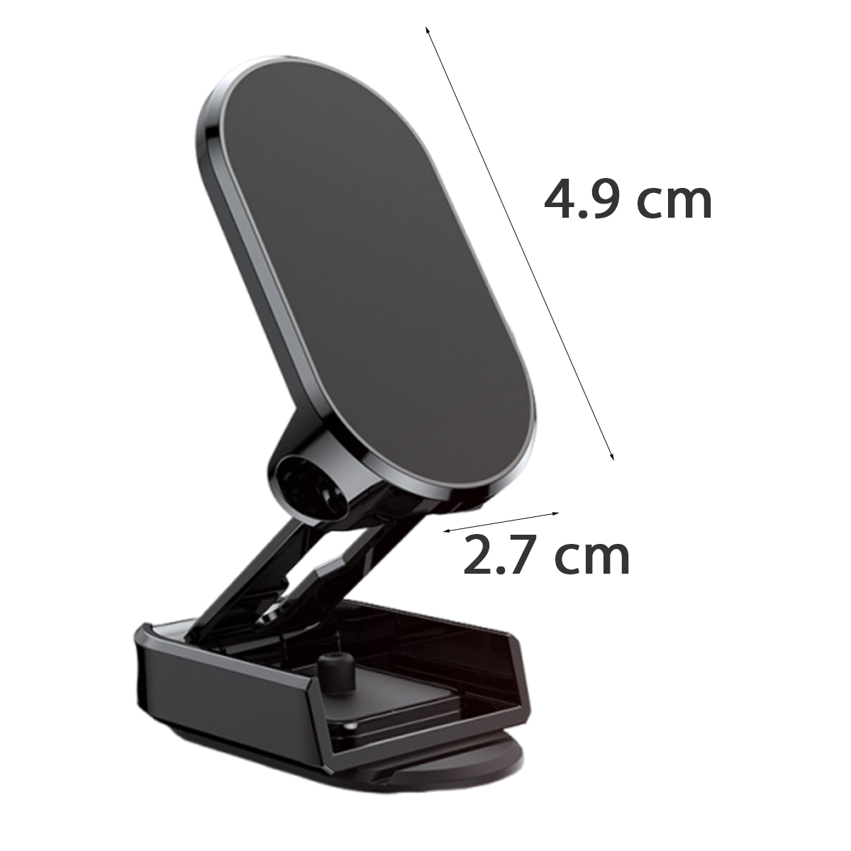 Ein magnetischer Autotelefonhalter, schwarz, mit den Maßen 4,9 cm Höhe und 2,7 cm Breite. Auf weißem Hintergrund.