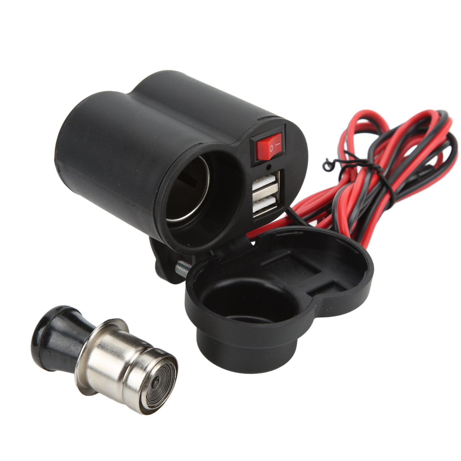 Schwarzes Dual-USB-Autoladegerät mit Schalter.
