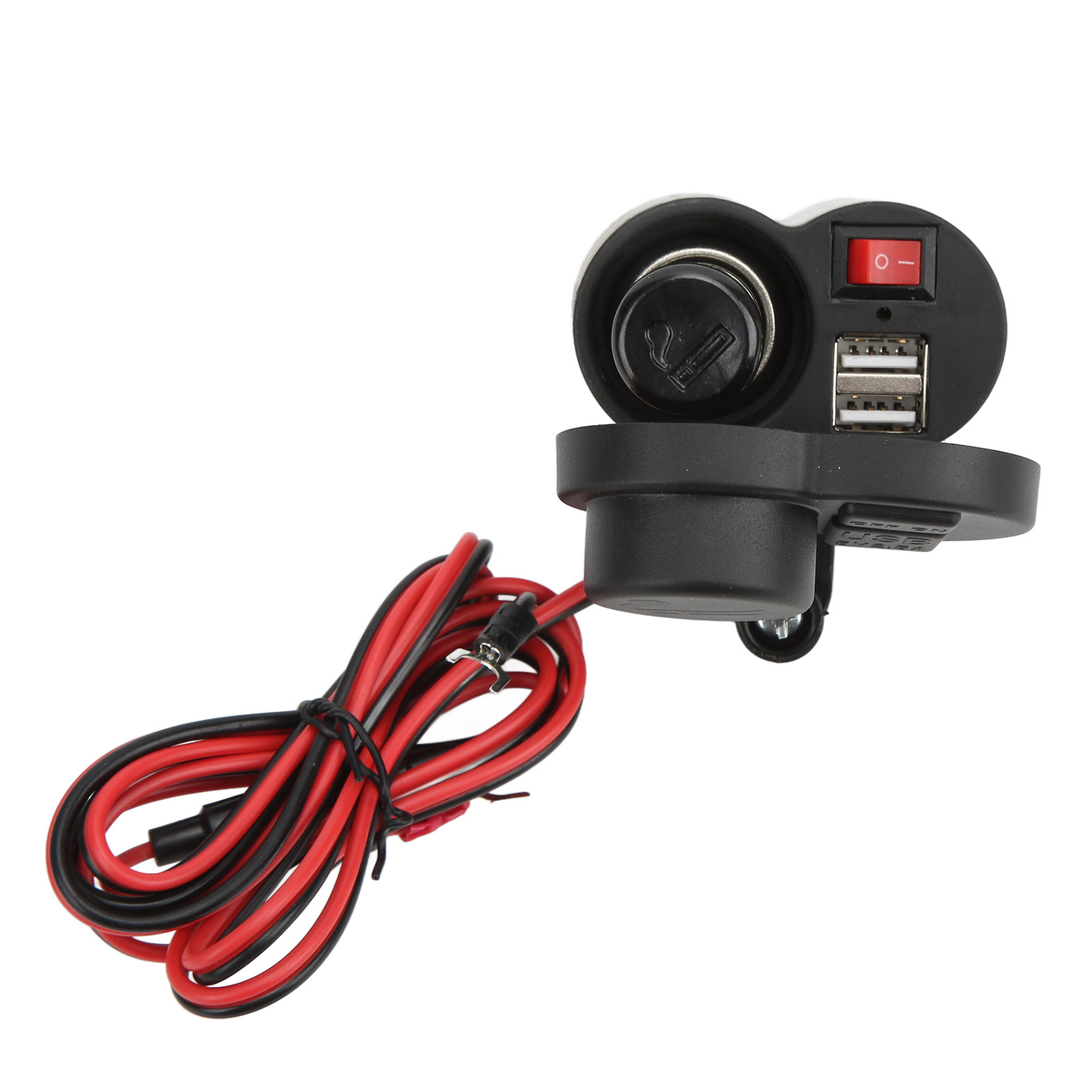 Schwarzes Motorradzubehör mit zwei USB-Anschlüssen, einem Netzschalter und Kabeln. Der Hintergrund ist weiß.