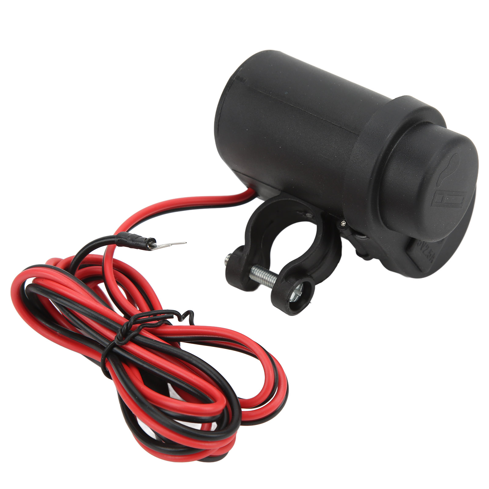 Schwarzes Motorradzubehör mit Kabeln und Klemme. Es hat einen USB-Anschluss und einen Stecker. Der Hintergrund ist weiß.