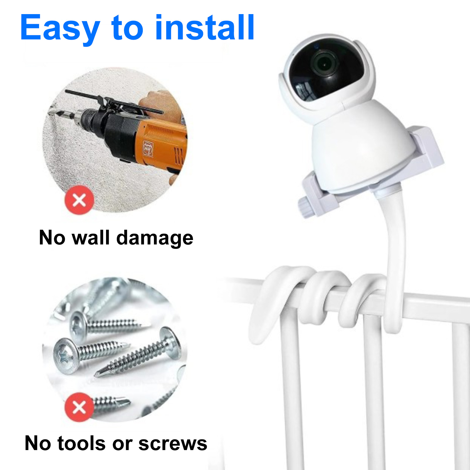 Bild eines Babyphone-Setups. Es zeigt eine Kamera und ein Kinderbett mit Text: 'No wall damage' und 'No tools'.