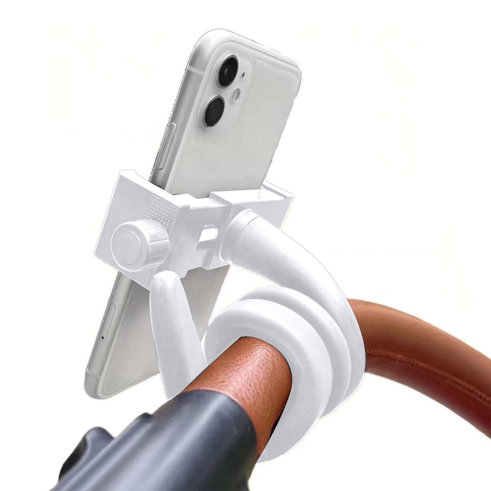 Ein weißes Telefon ist an einem weißen, flexiblen Arm befestigt, der an einem braunen Griff befestigt ist.