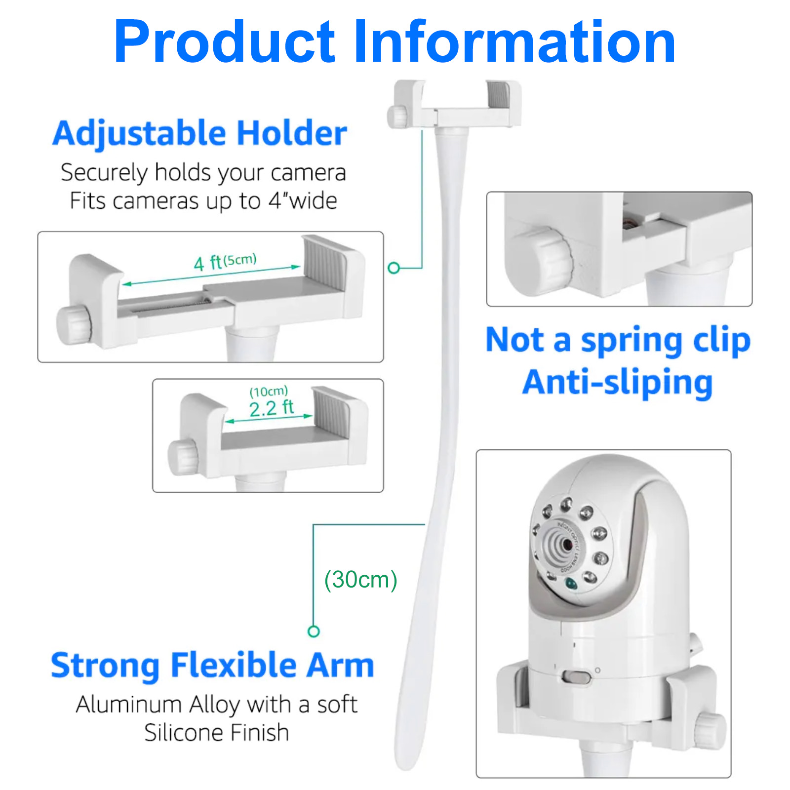 Produktinformationen: Verstellbarer Halter und flexibler Arm für Kamera, weiß.