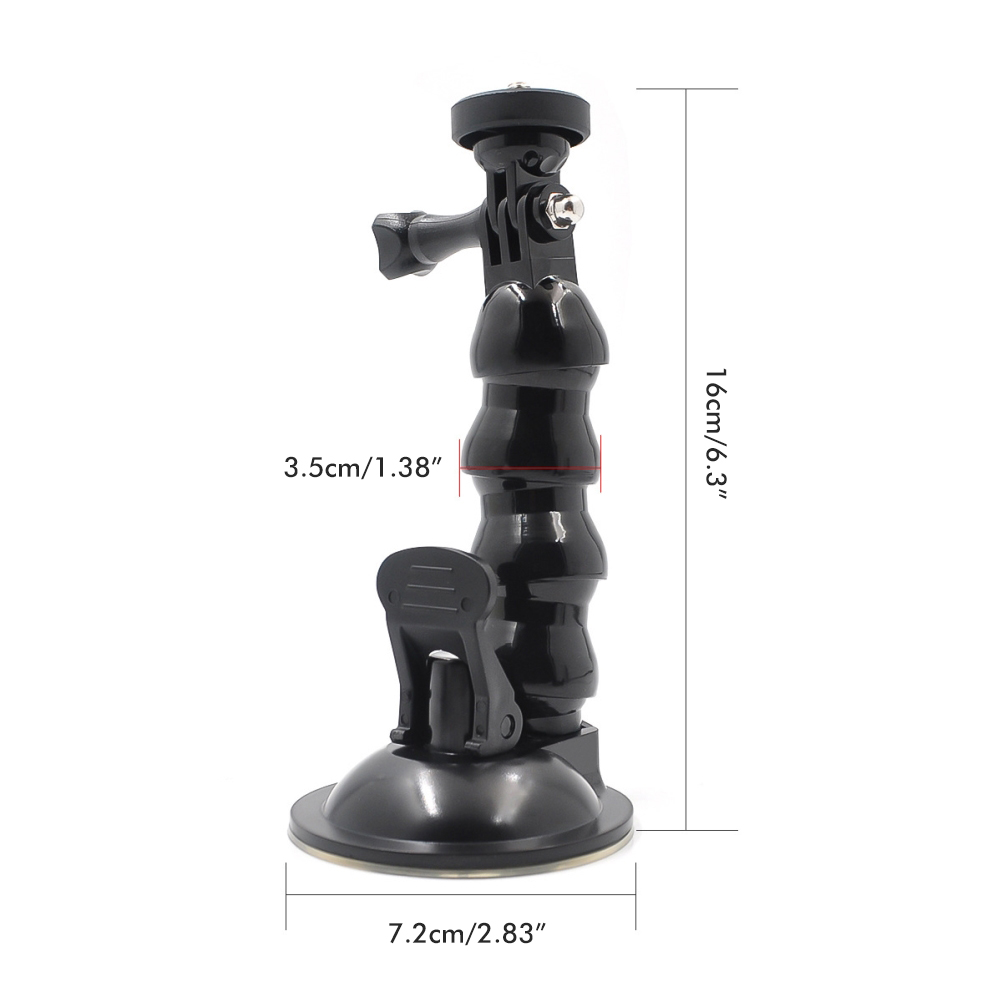 Schwarze Saugnapfhalterung mit flexiblen Arm und Maßen, für Kamera.