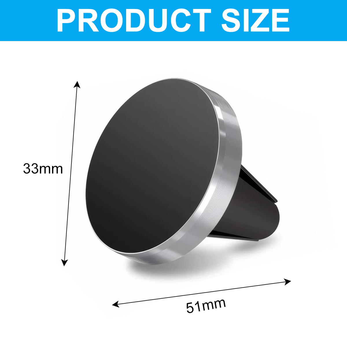 Eine schwarz-silberne Autotelefonhalterung mit den angegebenen Abmessungen: 33 mm hoch und 51 mm breit.