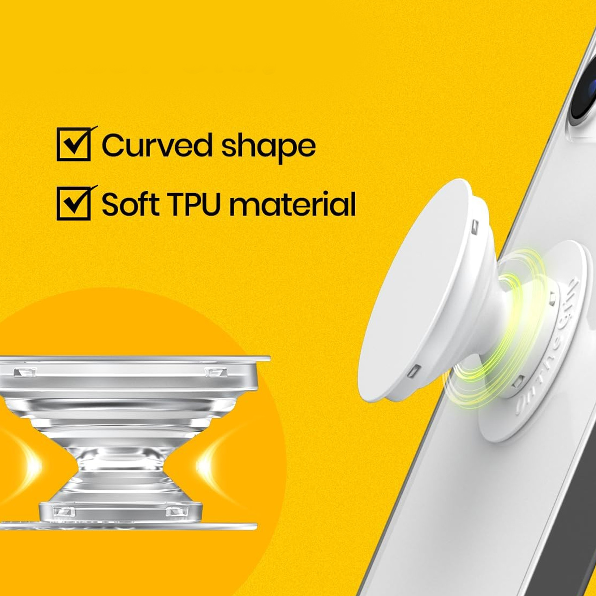 Weißer PopSocket auf einem Telefon, mit gewölbter Form und weichem TPU-Material.