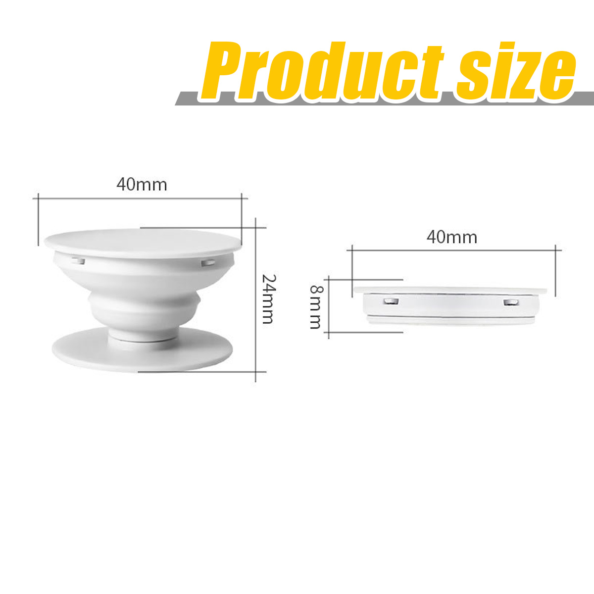 Weißer Pop-Socket, Abmessungen: 24 mm hoch, 40 mm breit. Gefaltete Abmessungen: 8 mm hoch, 40 mm breit.
