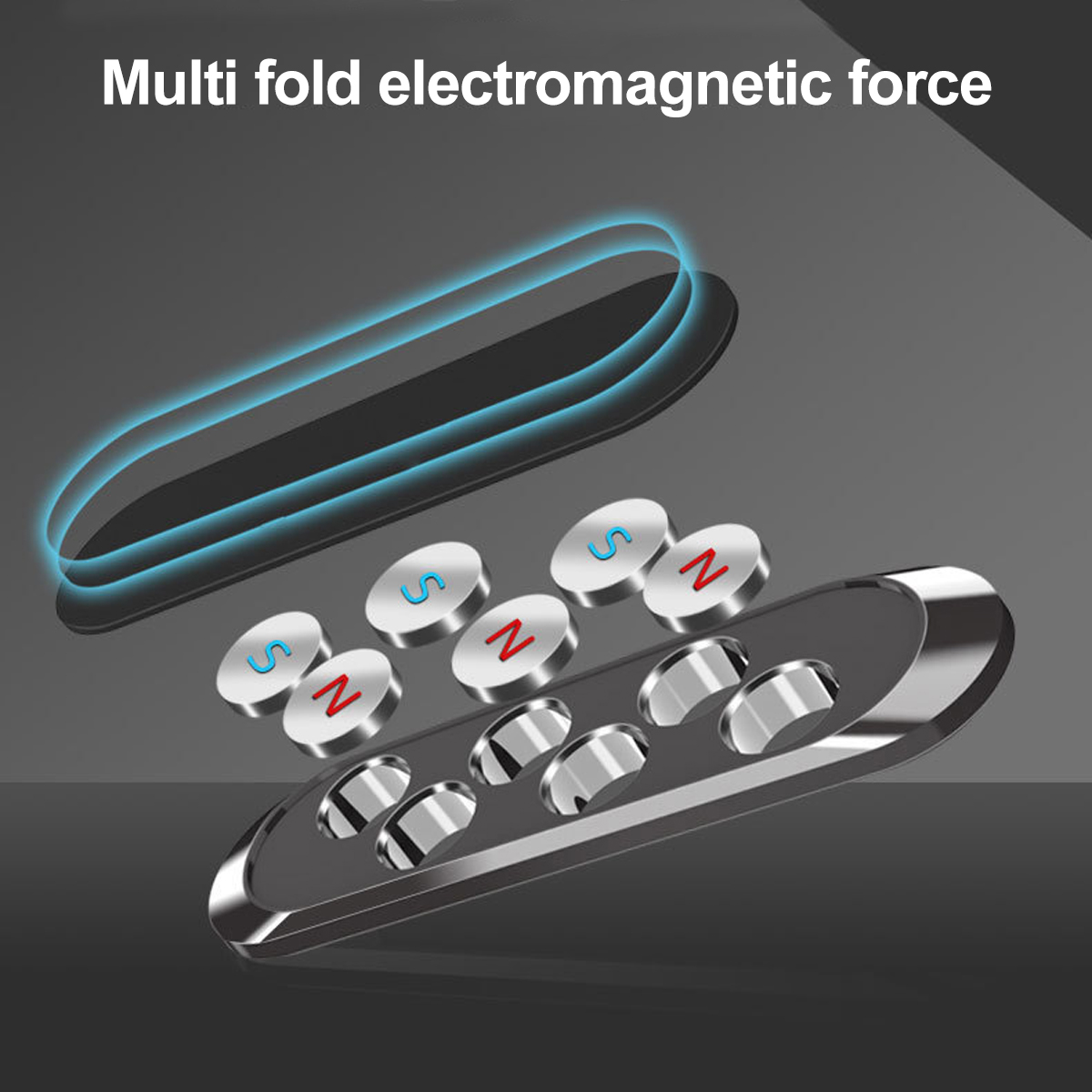 Eine Autotelefonhalterung mit mehreren Magneten. Die Halterung ist silbern, die Magnete sind mit N und S beschriftet.