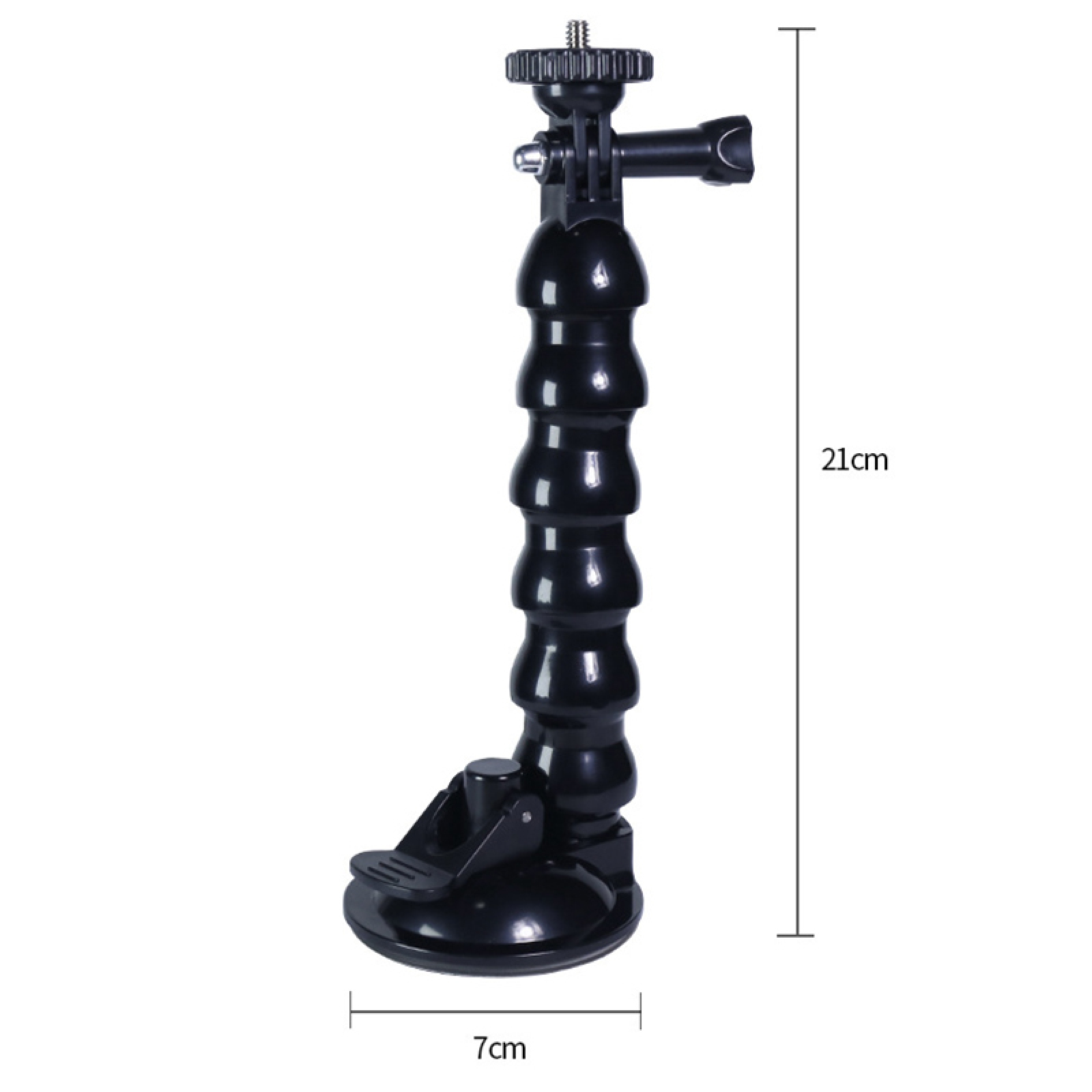 Eine schwarze, flexible Schwanenhals-Halterung mit Saugnapfbasis und Kamerahalterung, 21 cm hoch, auf Weiß.