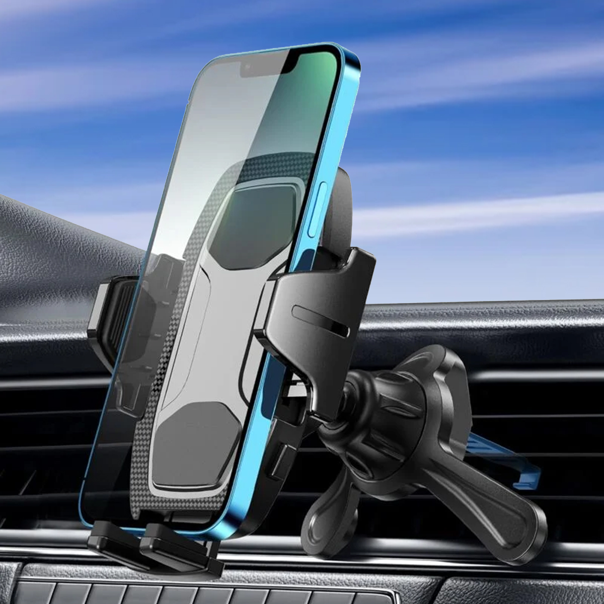 Ein Telefon ist in einer Lüftungsöffnung im Auto montiert. Das Telefon ist schwarz mit blauem Rand.