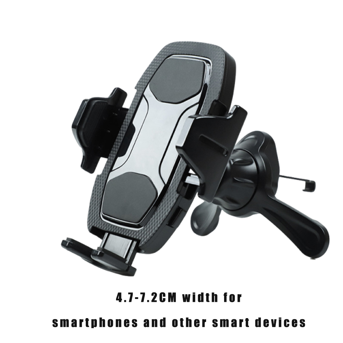 Ein schwarzer Autotelefonhalter. Text unten: 4,7-7,2 cm Breite für Smartphones und andere intelligente Geräte.