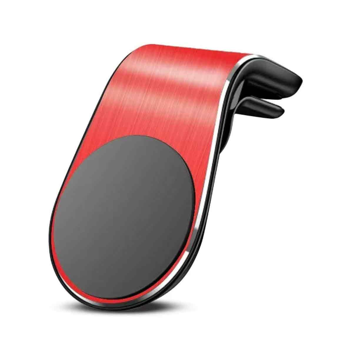 Ein roter und schwarzer Telefonhalter für die Lüftung im Auto. Der Halter hat einen schwarzen Kreis in der Mitte.
