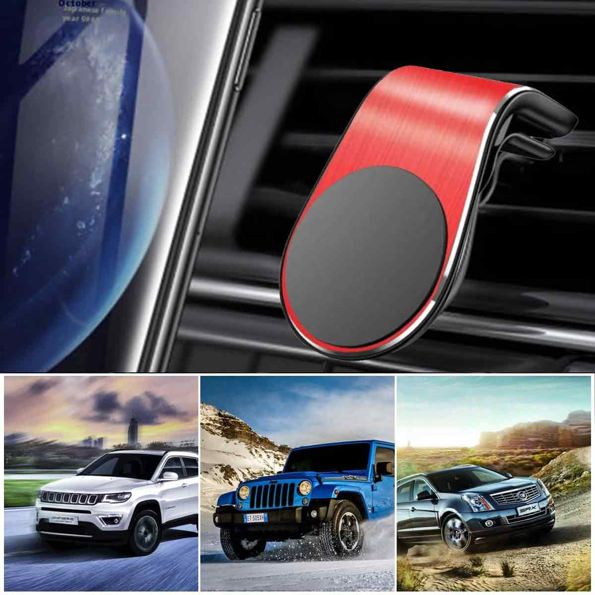 Ein roter Autotelefonhalter, der in der Lüftung eines Autos montiert ist. Drei Autos sind unten im Bild.