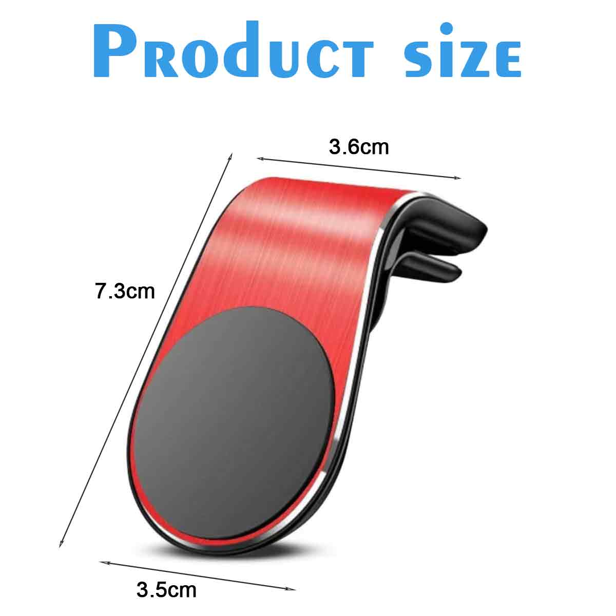 Roter und schwarzer Telefonhalter für die Lüftung im Auto. Abmessungen: 7,3 cm, 3,6 cm und 3,5 cm. Schwarzer Kreis.