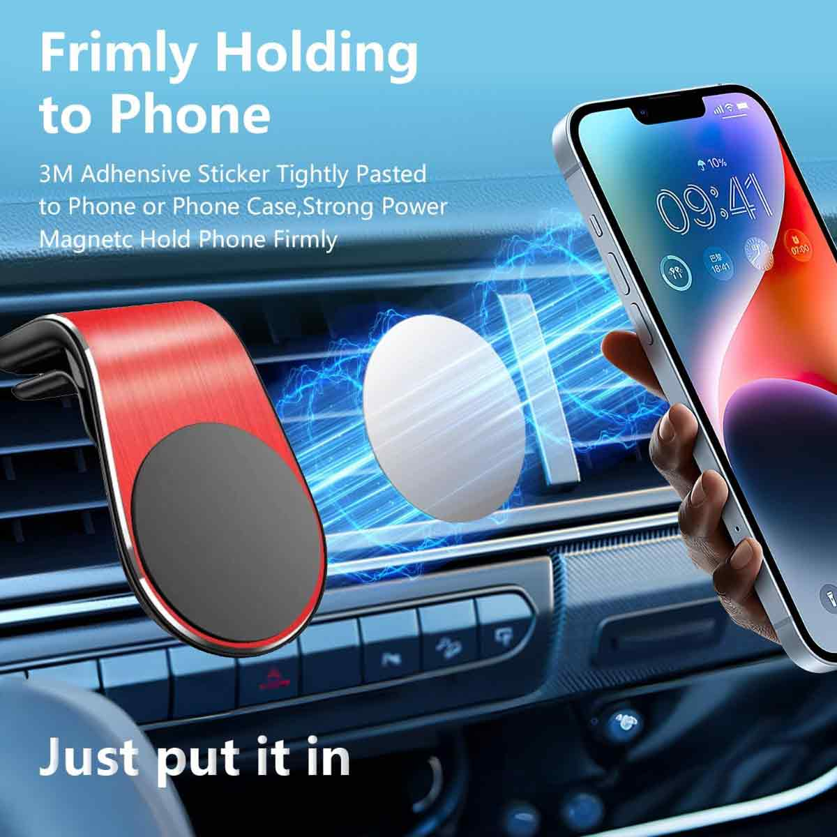 Ansicht des Autoinneren mit montiertem Telefon. Ein rot-schwarzer Halter ist am Armaturenbrett befestigt, mit Text im Bild.
