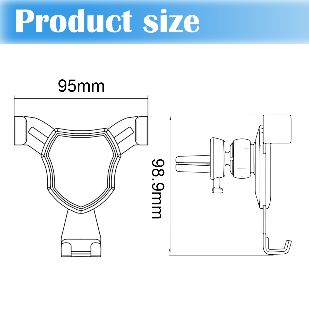 Diagramm mit den Abmessungen eines Telefonhalters: 95 mm breit, 98,9 mm hoch.