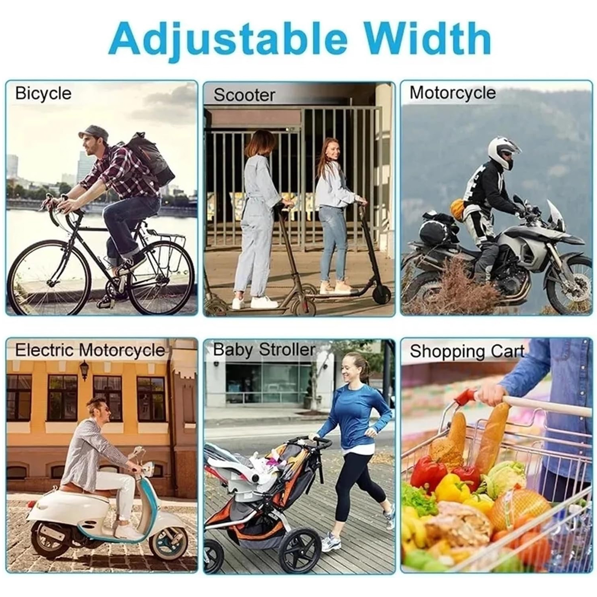 Bilder, die die Kompatibilität des Telefonhalters mit Fahrrad, Roller, Motorrad usw. zeigen.