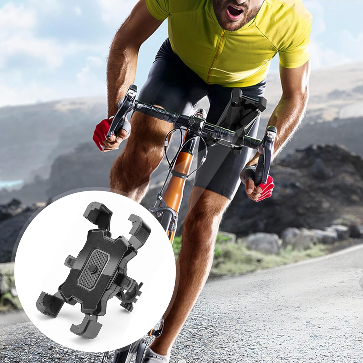 Ein Radfahrer, der einen Telefonhalter an einem Fahrrad verwendet. Der Telefonhalter ist am Lenker montiert.