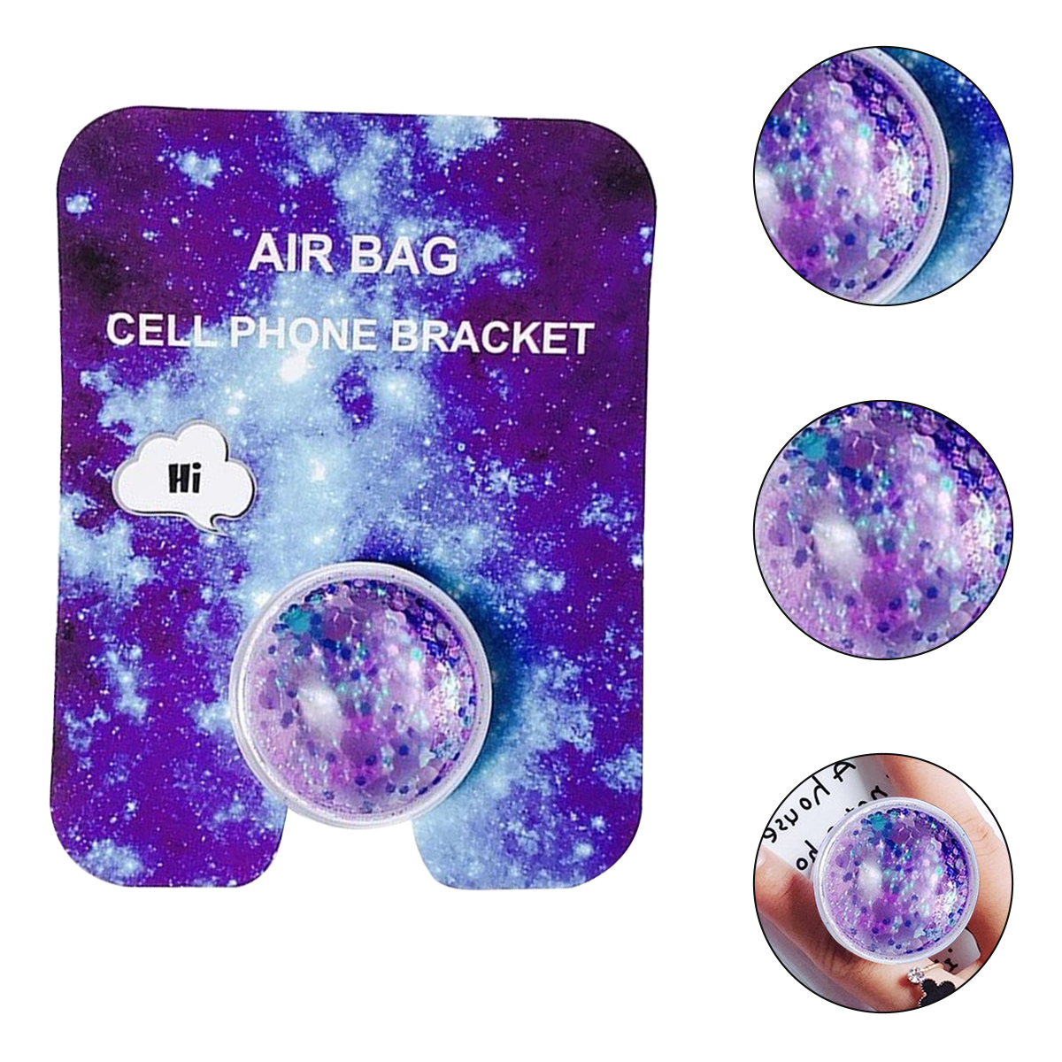 Ein Pop-Socket-Produkt auf einer Karte. Es ist ein Pop-Socket im Galaxien-Design mit Glitzer.