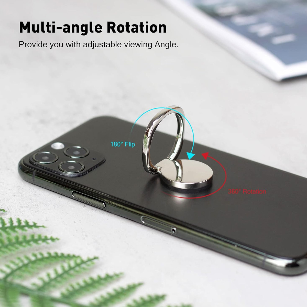Silberner Ringständer auf einem schwarzen Telefon, der eine 180°-Drehung und eine 360°-Rotation zeigt.