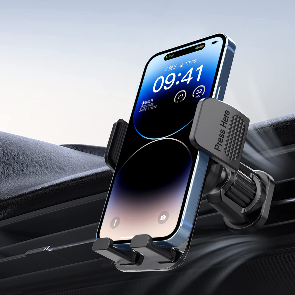 Schwarze Handyhalterung am Lüftungsschlitz des Autos befestigt, hält ein blaues Handy.