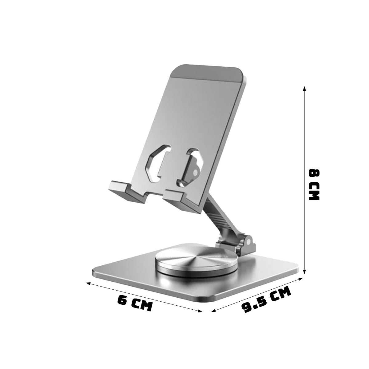 Silberner Telefonständer, Abmessungen sind 9,5 cm x 6 cm x 8 cm. Der Ständer besteht aus Metall, mit quadratischer Basis.