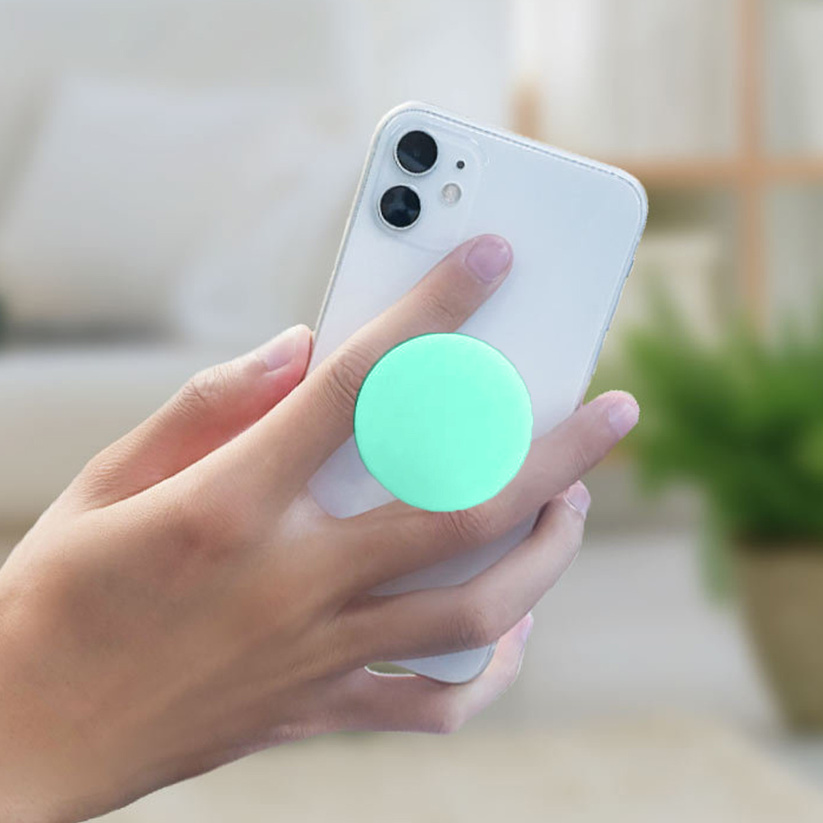 Eine Hand hält ein weißes Telefon mit einem grünen Pop-Socket. Im Hintergrund eine grüne Pflanze.