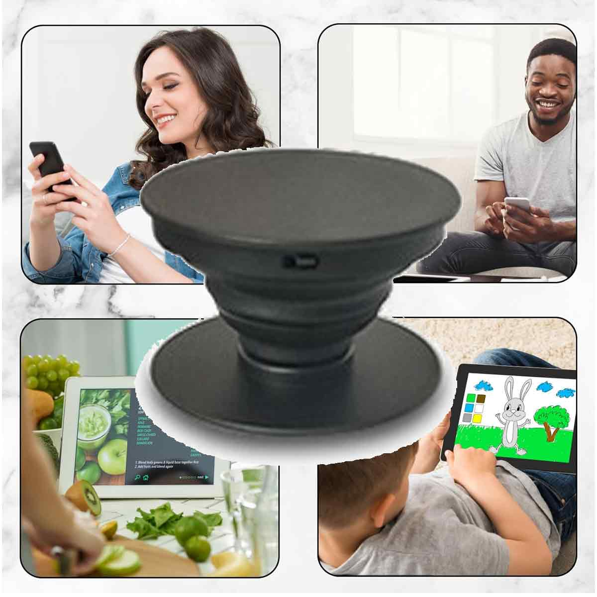 Ein schwarzer Pop-Up-Telefonhalter wird mit mehreren Personen gezeigt, die Telefone und Tablets verwenden.