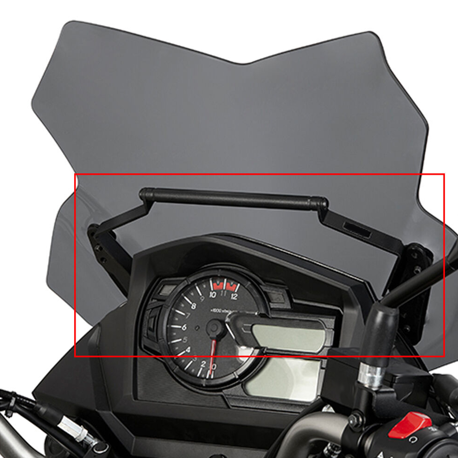 Ein Motorrad-Armaturenbrett mit einem schwarz markierten Telefonhalter in Rot.