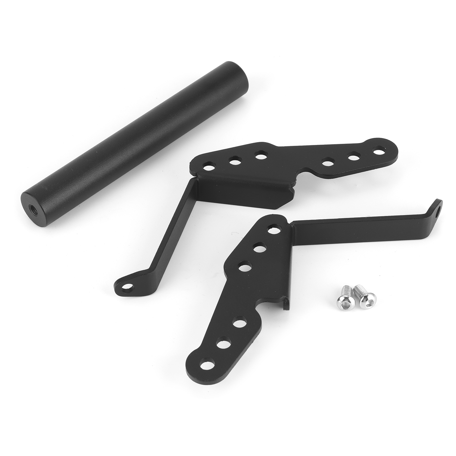 Ein Satz schwarzer Metallteile, darunter eine Stange, zwei Halterungen und zwei Schrauben, für Motorradzubehör.