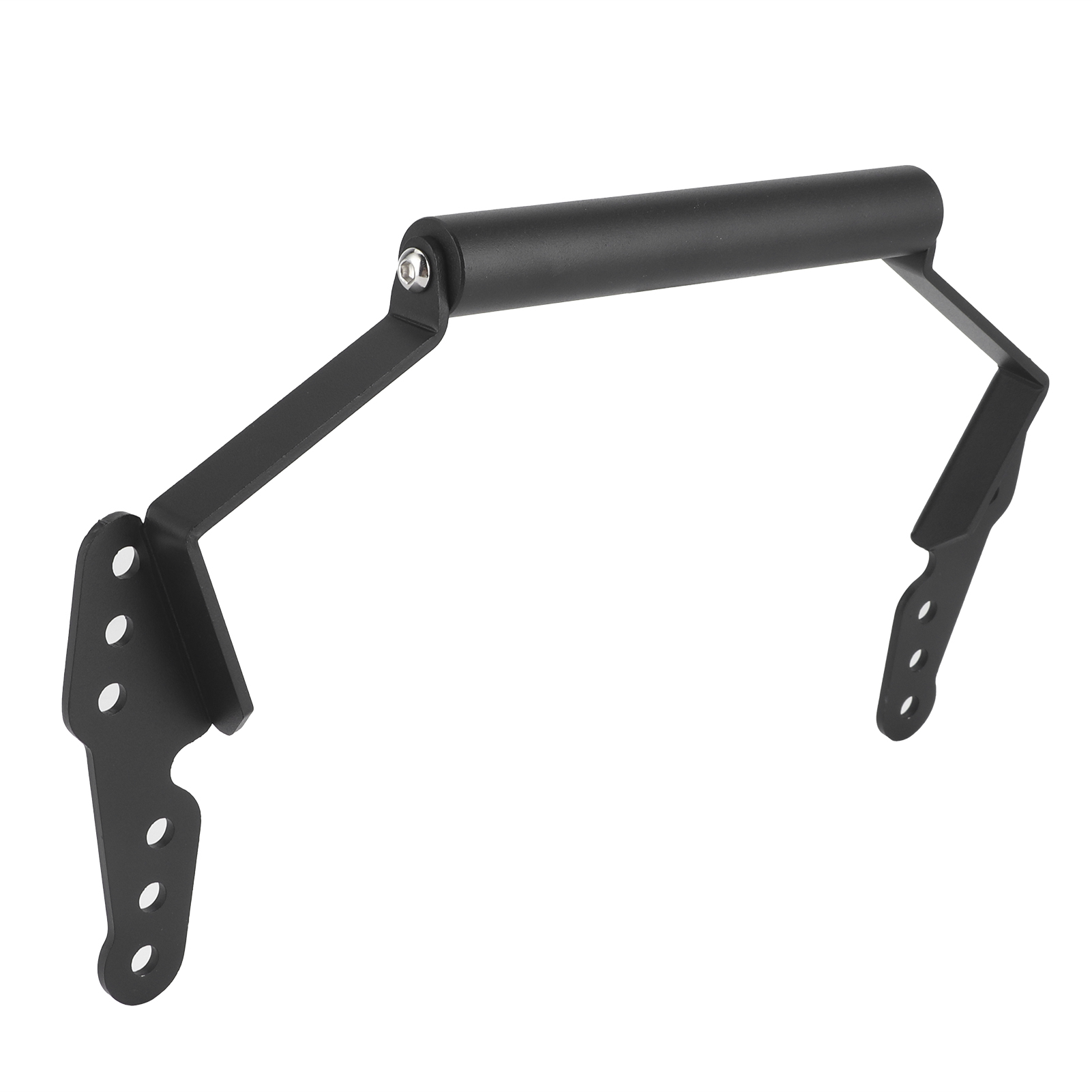 Ein montiertes Motorradzubehör aus schwarzem Metall, mit einer Stange, die zwei Halterungen verbindet.
