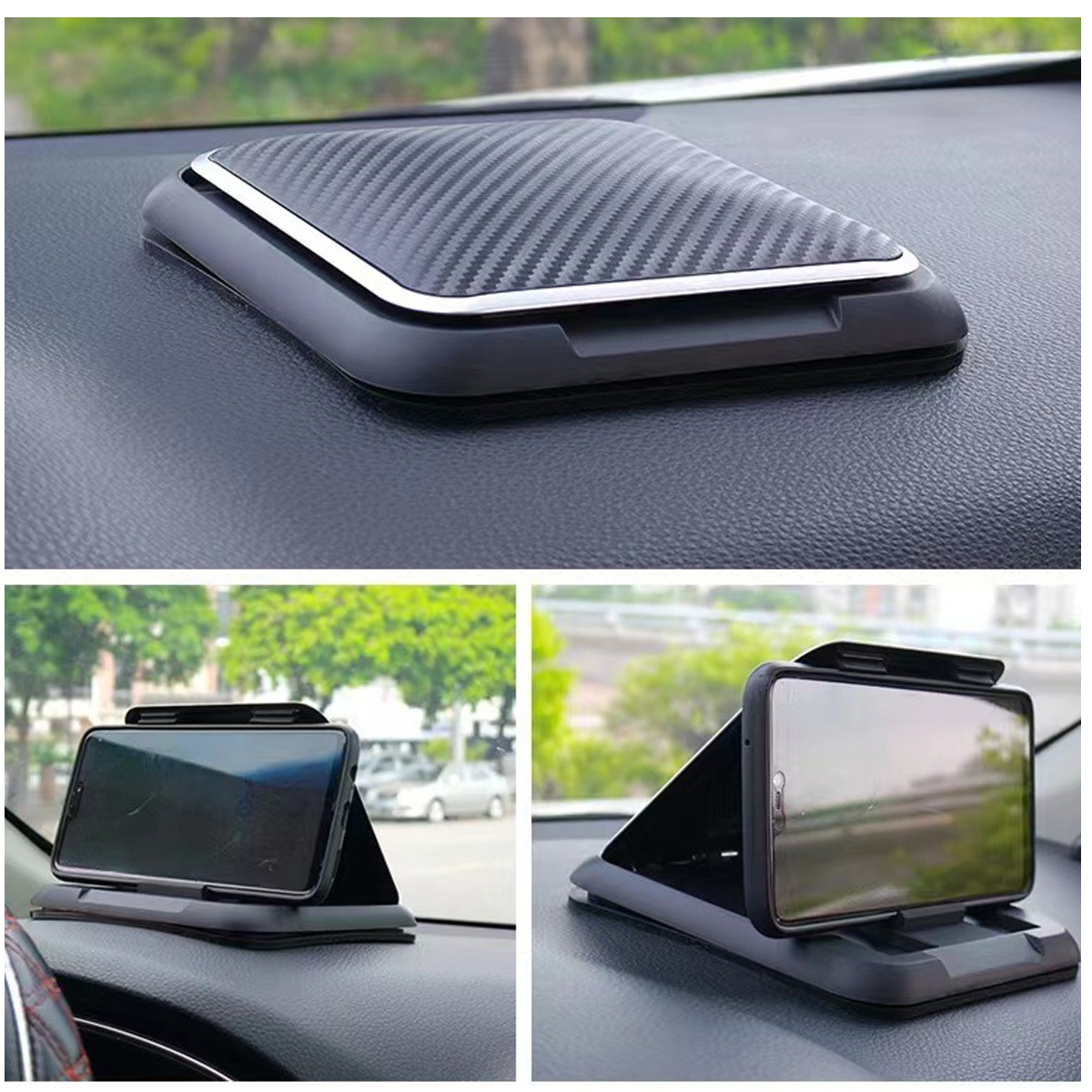 Telefonhalter für Armaturenbrett mit Carbonfaser-ähnlicher Oberseite. Das Telefon wird in verschiedenen Positionen angezeigt.