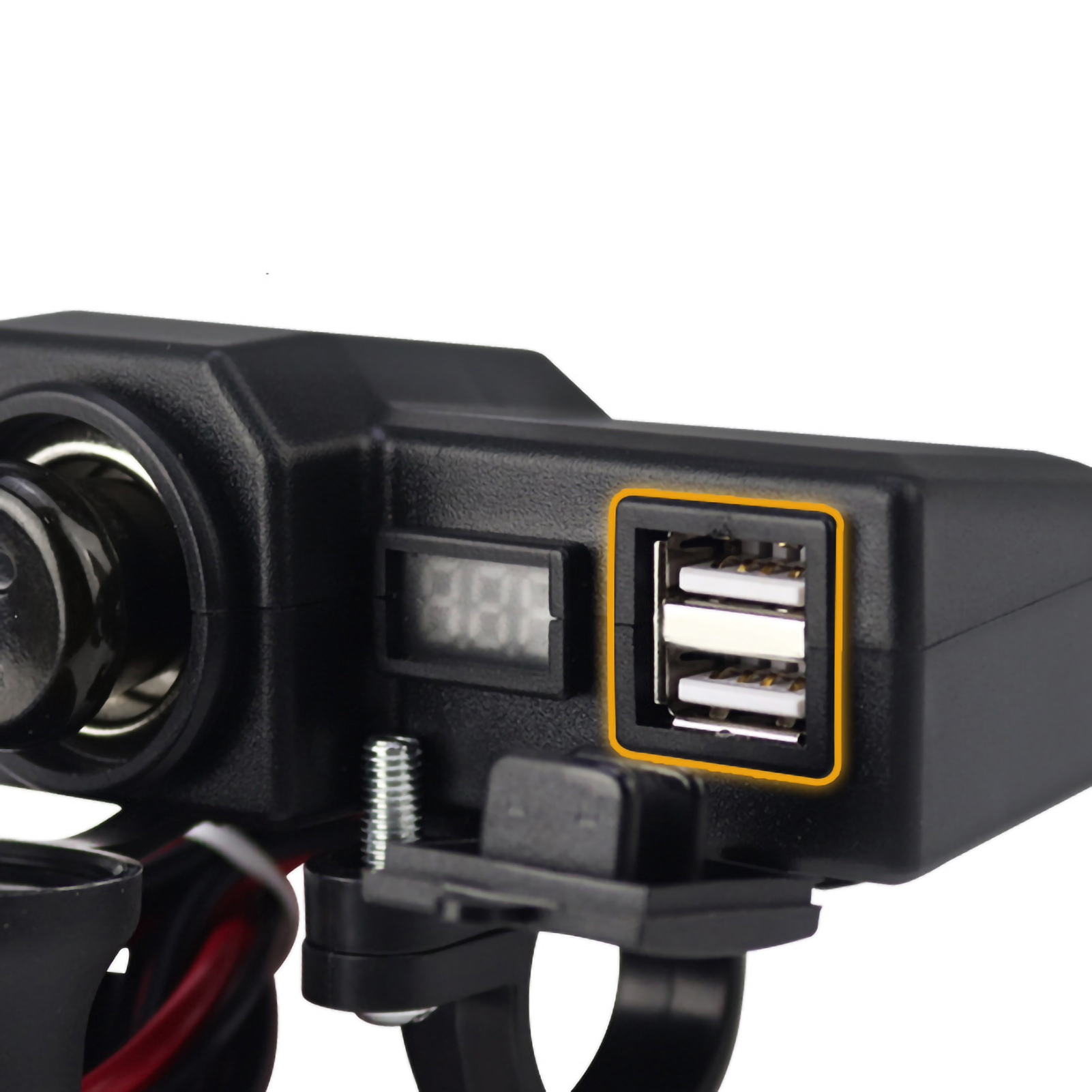 Schwarzes Motorrad-USB-Ladegerät mit digitaler Anzeige und zwei USB-Anschlüssen, montiert auf einem schwarzen Halter.