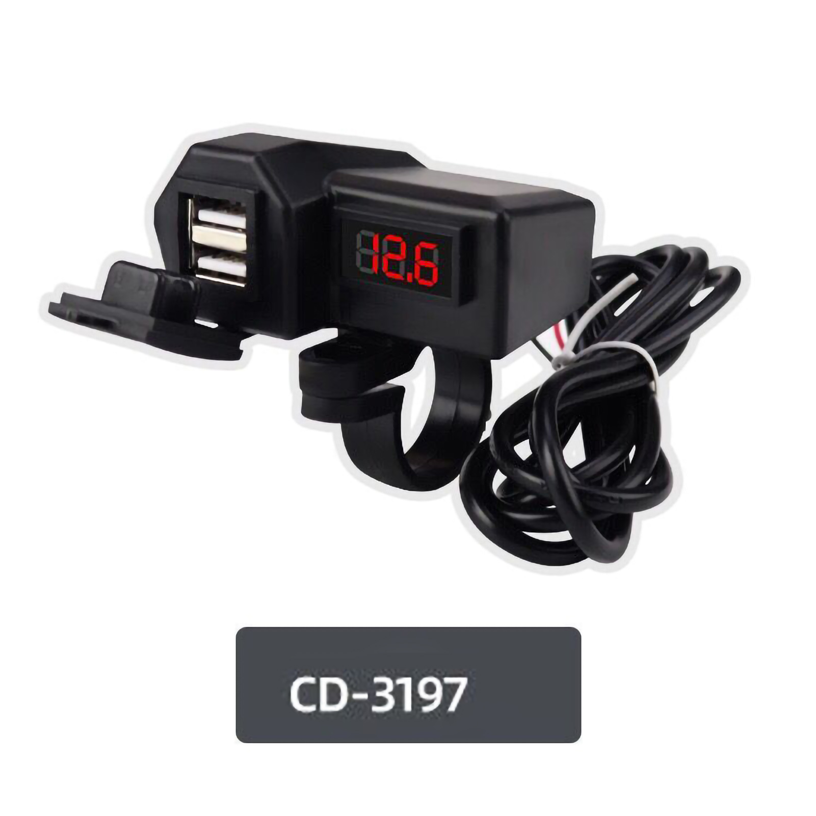 Schwarzes Motorrad-USB-Ladegerät mit roter Digitalanzeige für Spannung und zwei USB-Anschlüssen. Text unten.