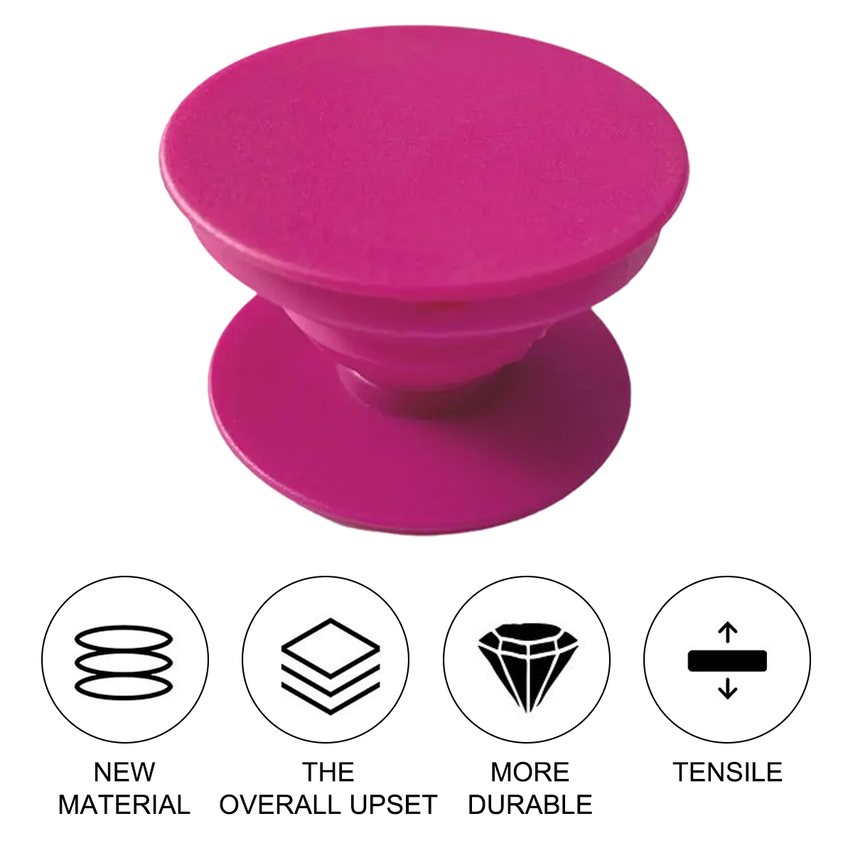Pinke Handyhalterung auf weißem Hintergrund. Enthält Symbole für neues Material, Ärger, Haltbarkeit und Zugfestigkeit.
