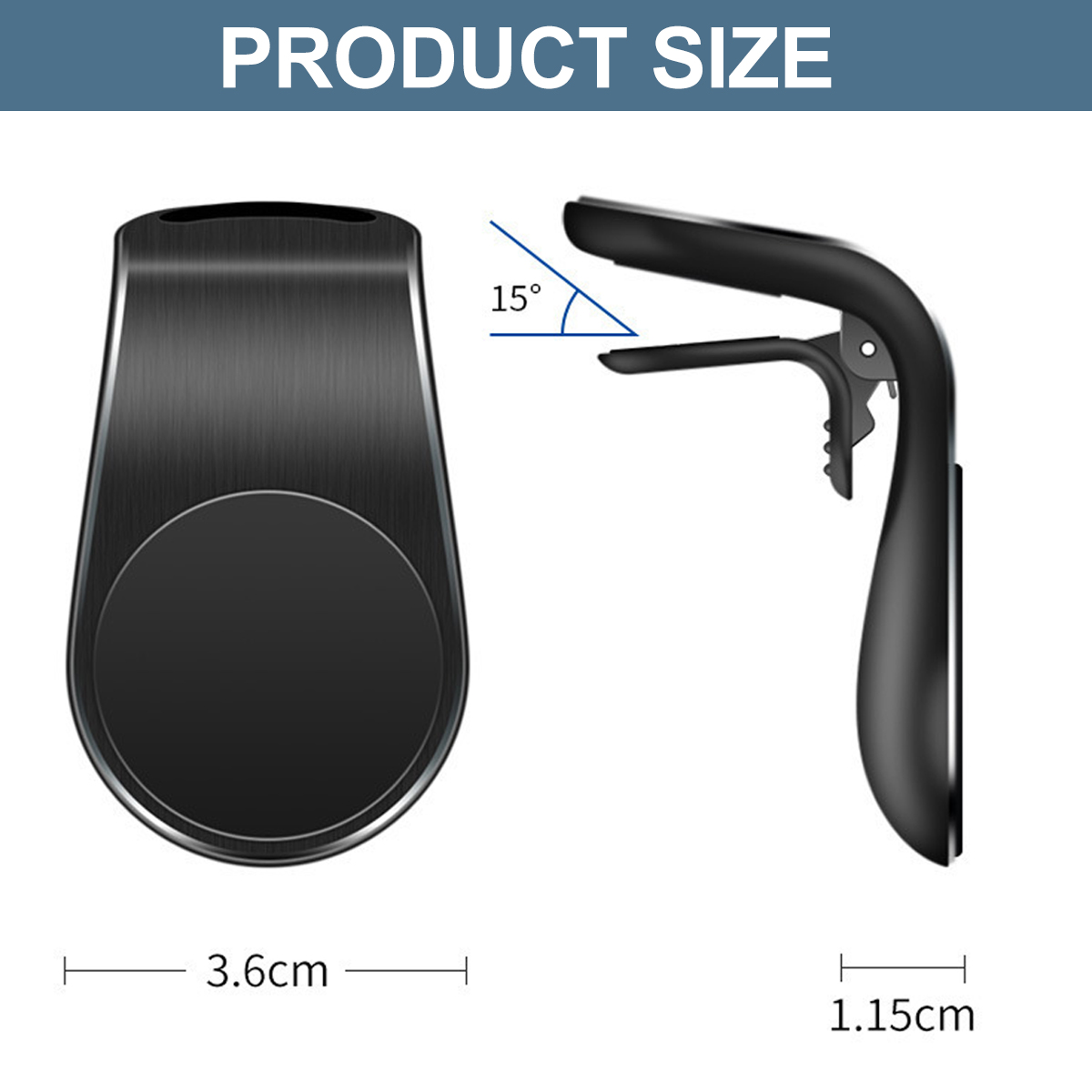 Diagramm eines schwarzen Telefonhalters. Es zeigt die Abmessungen: 3,6 cm Breite und 1,15 cm Dicke. Ein Winkel von 15° ist angegeben.