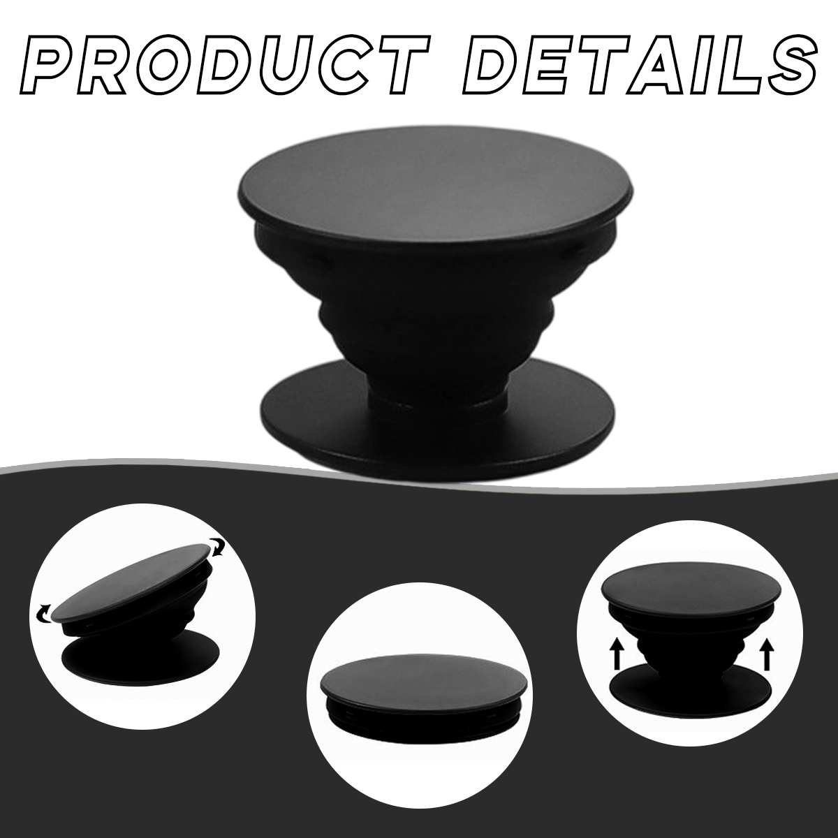 Produktdetails eines schwarzen Pop-Sockets. Der Pop-Socket wird vollständig ausgefahren, gefaltet und in geöffneter Position gezeigt.