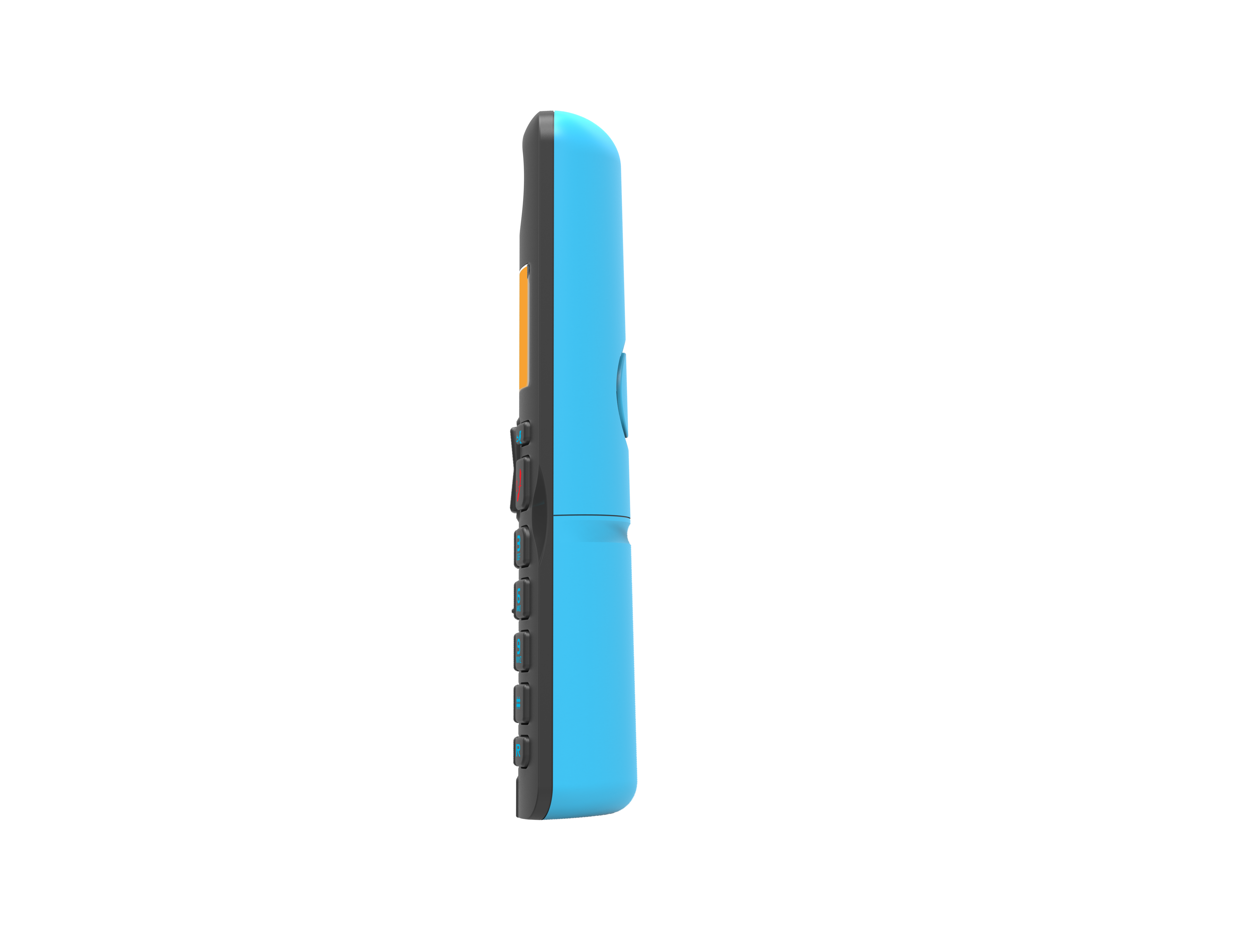 Un telefono a conchiglia blu, vista laterale, su sfondo nero. Ha alcuni pulsanti e un piccolo schermo.
