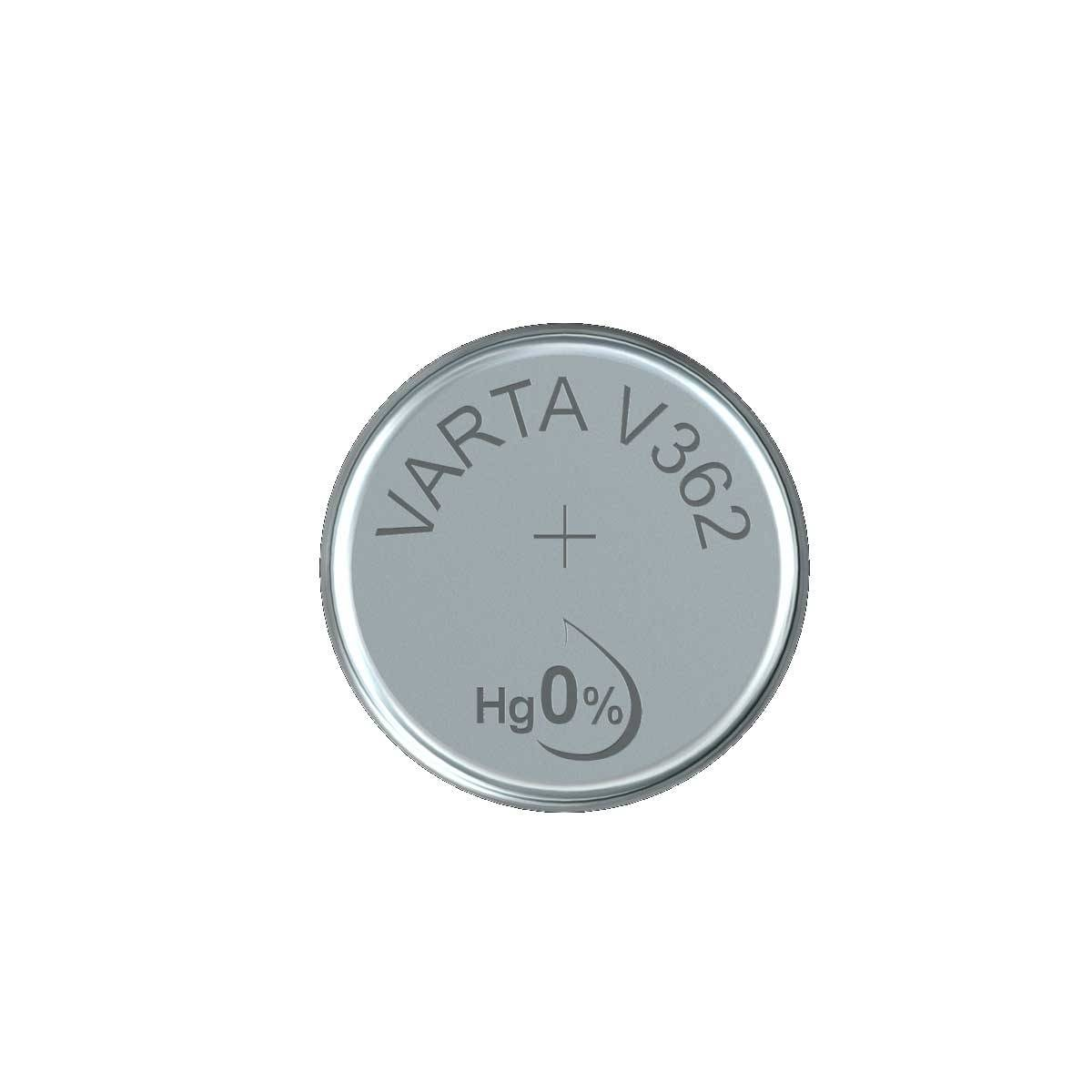 A close-up of a VARTA V362 button cell battery. The battery is silver with text and a plus sign.