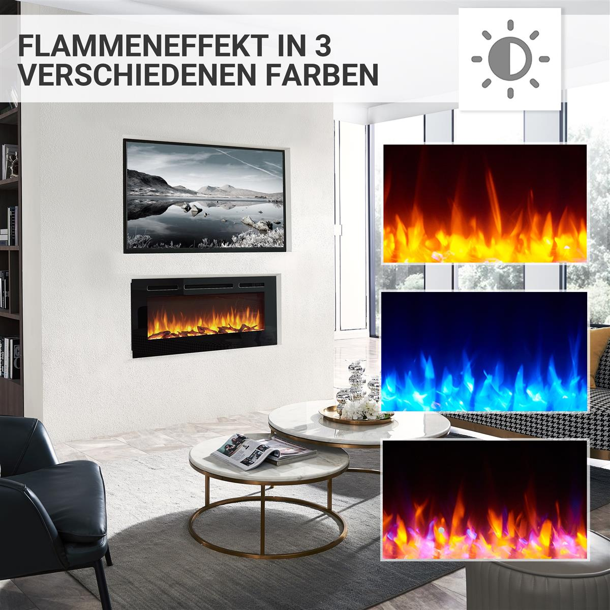 Wohnzimmer mit Kamin, Fernseher und zwei runden Couchtischen. Drei Flammenfarben werden rechts gezeigt.
