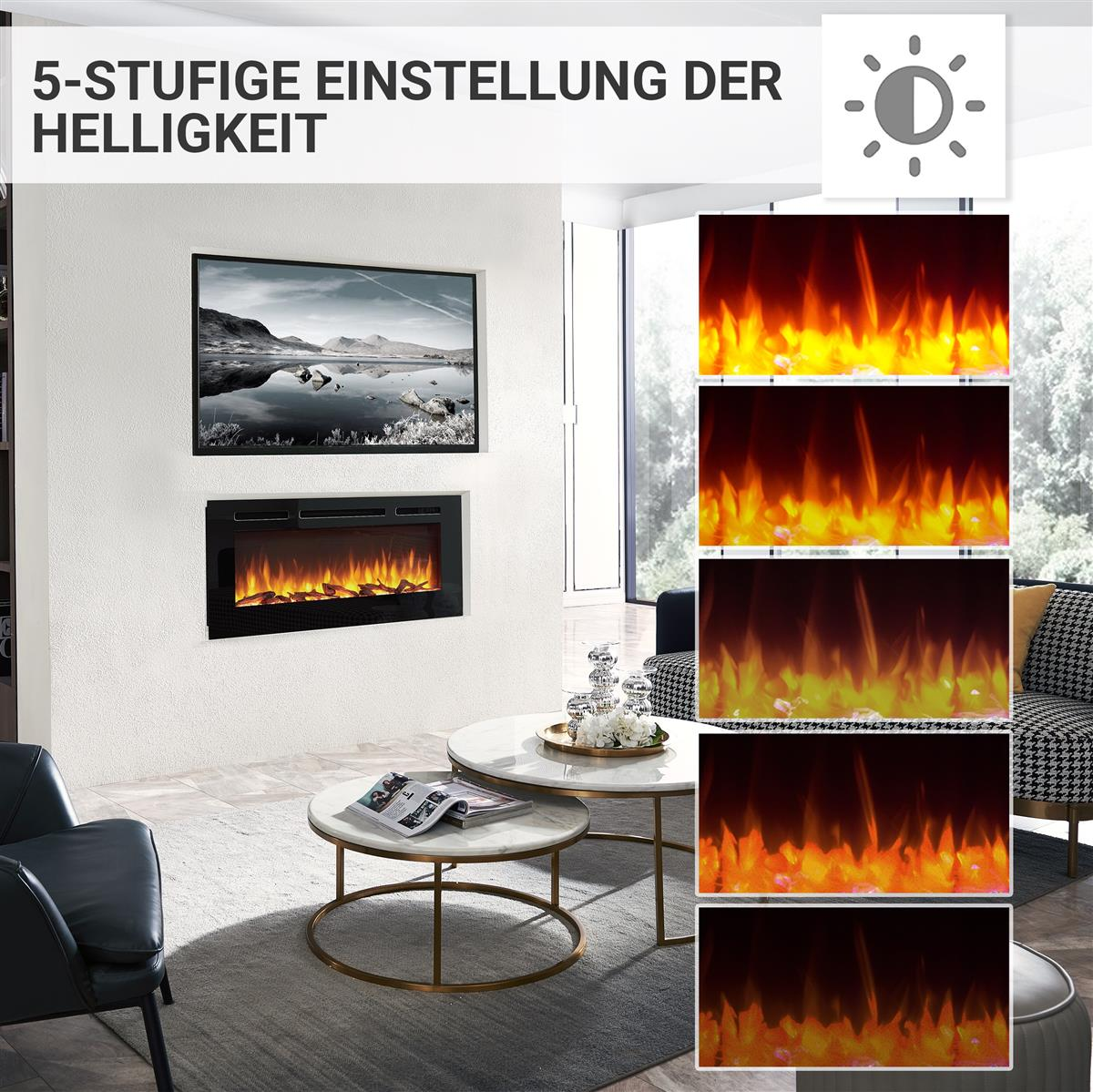 Wohnzimmer mit Kamin und Fernseher. Fünf Helligkeitsstufen werden rechts gezeigt.